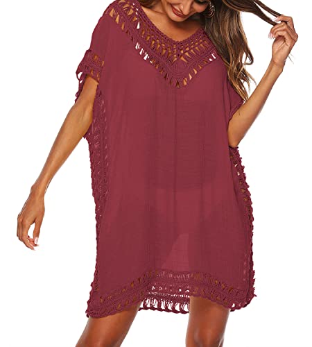 Strandkleid Damen Beachwear Bikini Cover Ups V-Ausschnitt Pareos Strandkleider Sommer Strandponcho Strandurlaub Locker Bademode Strandtunika Vertuschen Shirt von Davicher