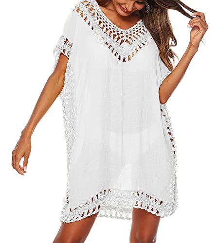 Strandkleid Damen Beachwear Bikini Cover Ups V-Ausschnitt Pareos Strandkleider Sommer Strandponcho Strandurlaub Locker Bademode Strandtunika Vertuschen Shirt von Davicher