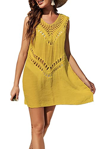 Strandkleid Damen Bikini Cover Ups Beachwear Ärmellos Pareos Strandkleider Westenkleid V-Ausschnitt Ausgehöhlt Häkeln Sommerkleid Locker Bademode Strandtunika Vertuschen von Davicher