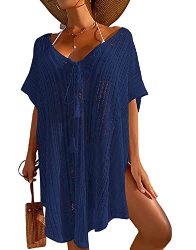 Strandkleid Damen Gestrickte Strandurlaub Badeanzug Bikini Cover Up Sommerkleid Sommer V-Ausschnitt Strandkleider Cover-Ups Top Shirt Beachwear Strandponcho von Davicher