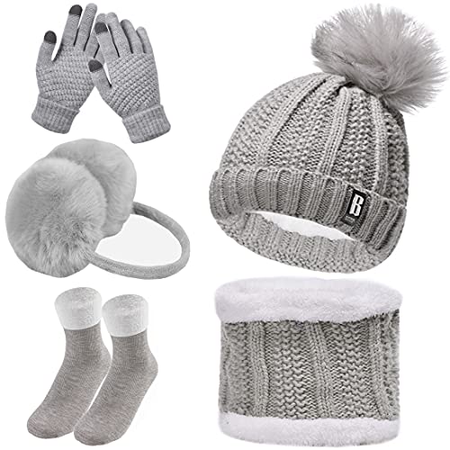 Winter Beanie Mütze Schal Set 3/5 PCS Winter Set Warme Strickmütze Schal Plüsch Ohrenwärmer Ohrenschützer mit Touchscreen Handschuhe Winter Thermosocken Set für Outdoor Sport von Davicher