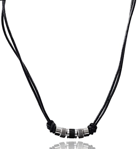 David Galvani ® | Handmade Herren Lederkette mit Bead Anhänger aus Edelstahl Silber | 45cm + 5cm |Halskette für Herren | Schwarze Leder | Halsband | Halsschmuck | Geschenk für Männer (45+5, Schwarz) von David Galvani