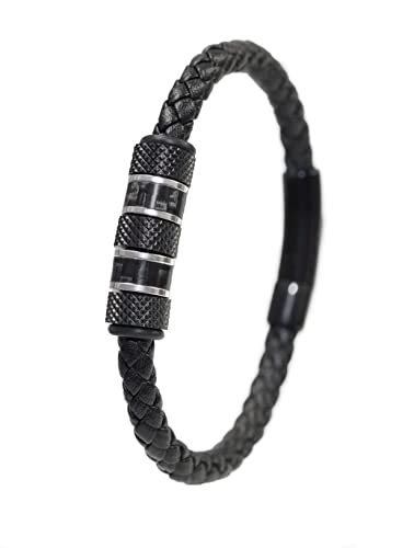 David Galvani ® |Handmade Premium Armband für Herren in Schwarz aus Leder| Beads aus Edelstahl und Carbon Kohlenstoff |21cm Lederarmband Schmuck für Männer (Schwarz, 19) von David Galvani