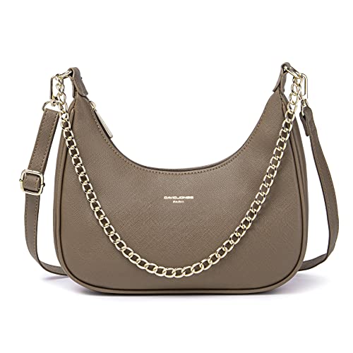 David Jones - Damen Kleine Umhängetasche - Frau Kette Schultertasche PU Leder - Handtasche Kettenhenkel Crossbody Bag - Trendy Tasche Mode Abendtasche Kettentasche Pochette Clutch Party - Grau Taupe von David Jones