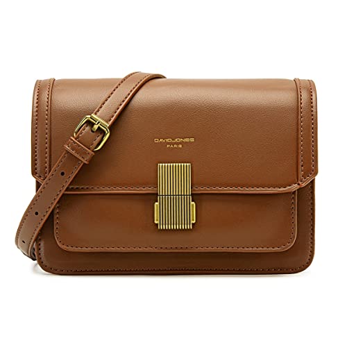 David Jones - Damen Kleine Umhängetasche - Frau Elegante Schultertasche PU Leder - Handtasche Crossbody Bag Tasche mit Klappe Drehkreuz - Handy Party Trendy Mode Clutch Abdentasche - Braun Cognac von David Jones