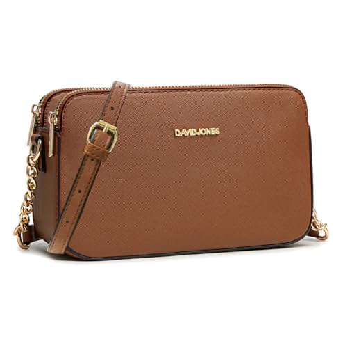 David Jones - Damen Kleine Umhängetasche - Frau Handytasche PU Leder - Ketten Handtasche Tasche mit 3 Fächern - Elegante Schultertasche Crossbody Bag Shopping Abend Party Trend - Braun Cognac von David Jones
