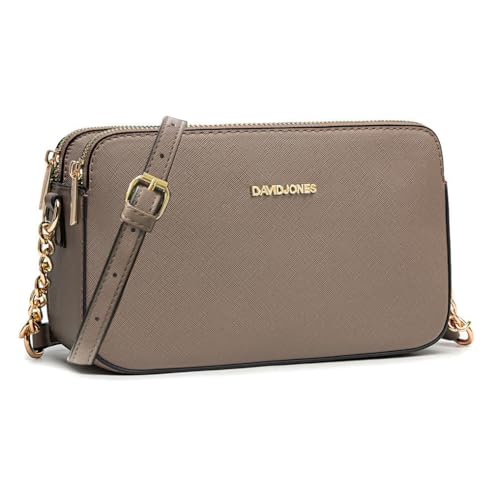David Jones - Damen Kleine Umhängetasche - Frau Handytasche PU Leder - Ketten Handtasche Tasche mit 3 Fächern - Elegante Schultertasche Crossbody Bag Shopping Abend Party Trend - Braun Taupe von David Jones