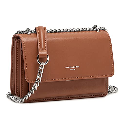 David Jones - Damen Kleine Umhängetasche - Frau Ketten Schultertasche PU Leder - Handtasche Mini Crossbody Bag mit Klappe - Handy Party Tasche Kettentasche Abendtasche Mode Trend - Braun Cognac von David Jones