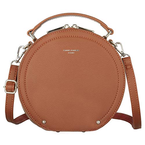 David Jones - Damen Runde Umhängetasche - Frauen Kreis Tasche PU Leder - Crossbody Bag - Top Griff Schultertasche - Schicke Kleine Handtasche - Clutch Pochette Abendtasche - Kamel Braun von David Jones