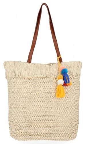 David Jones Große Umhängetasche aus weichem Stroh, handgewebt, Boho-Stroh, Handtasche, Tote, Retro-Sommer, Strandtasche, Rattan-Handtasche, beige, Einheitsgröße von David Jones