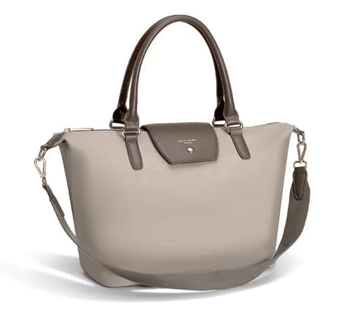 David Jones - Handtasche Nylon Damen - Einkaufstasche Shopper Tote - Weiche Leder Schultertasche Umhängetasche - Tragetasche Elegant Modisch - Taupe Braun von David Jones