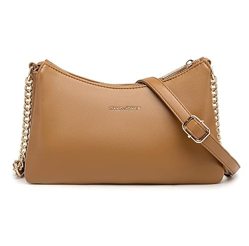 David Jones - Damen Kleine Umhängetasche - Frau Kette Tasche Schultertasche PU Leder Multi Taschen - Handtasche Flache Viele Fächern Crossbody Bag Clutch - Handy Party Abendtasche Mode - Braun Cognac von David Jones