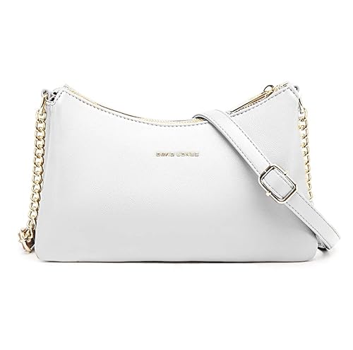 David Jones - Damen Kleine Umhängetasche - Frau Kette Tasche Schultertasche PU Leder Multi Taschen - Handtasche Flache Viele Fächern Crossbody Bag Clutch - Handy Party Abendtasche Mode - Weiß von David Jones