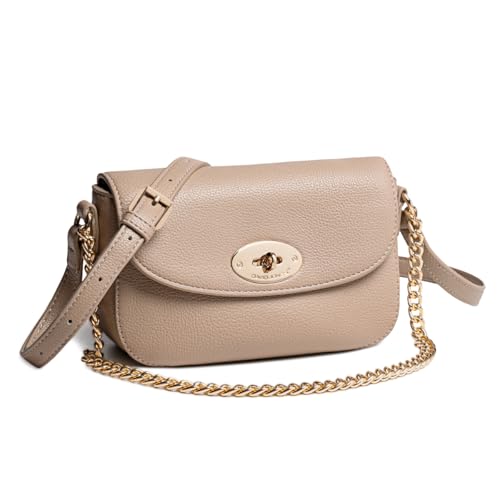 David Jones - Kleine Umhängetasche Damen - Schultertasche Kettenhenkel PU-Leder - Handtasche mit Klappe - Crossbody Bag Tasche für Stadt Abend Shopping - Modisch Elegant - Beige Taupe von David Jones