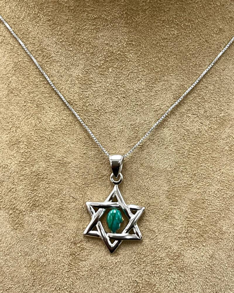 Davidstern-Anhänger Aus Sterlingsilber, Chrysokoll Chamsa, 45 cm Kette von DavidMorGems