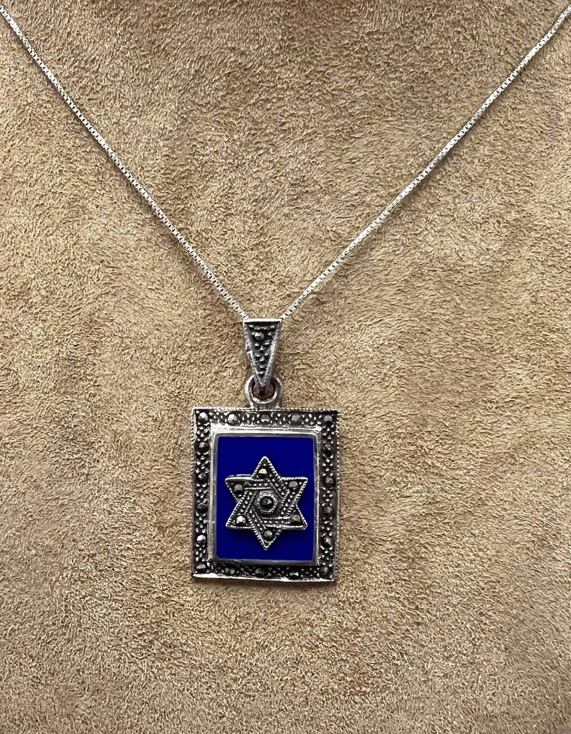 Markasit Davidstern Anhänger Blauer Stein, Sterling Silber Kette von DavidMorGems