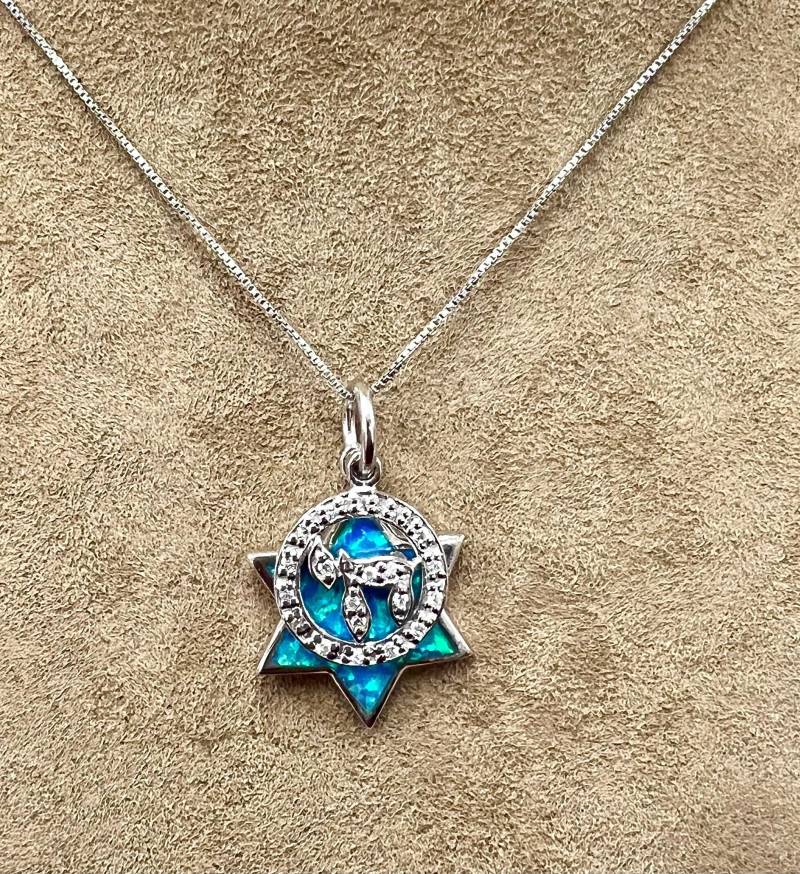 Opal Davidstern & Chai Anhänger, Cz Sterling Silber Halskette von DavidMorGems