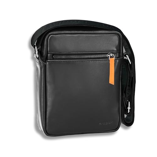 Davidoff ESSENTIALS Reportertasche Schwarz Leder– moderne Herren Umhängetasche mit Smartphone-Fach - hochwertiger Schulterrucksack mit Reißverschluss von Davidoff