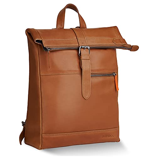 DAVIDOFF ESSENTIALS Herren Rucksack Cognac – moderner Business Rucksack aus feinem Leder – hochwertiger Kurierrucksack mit Reißverschluss von DAVIDOFF
