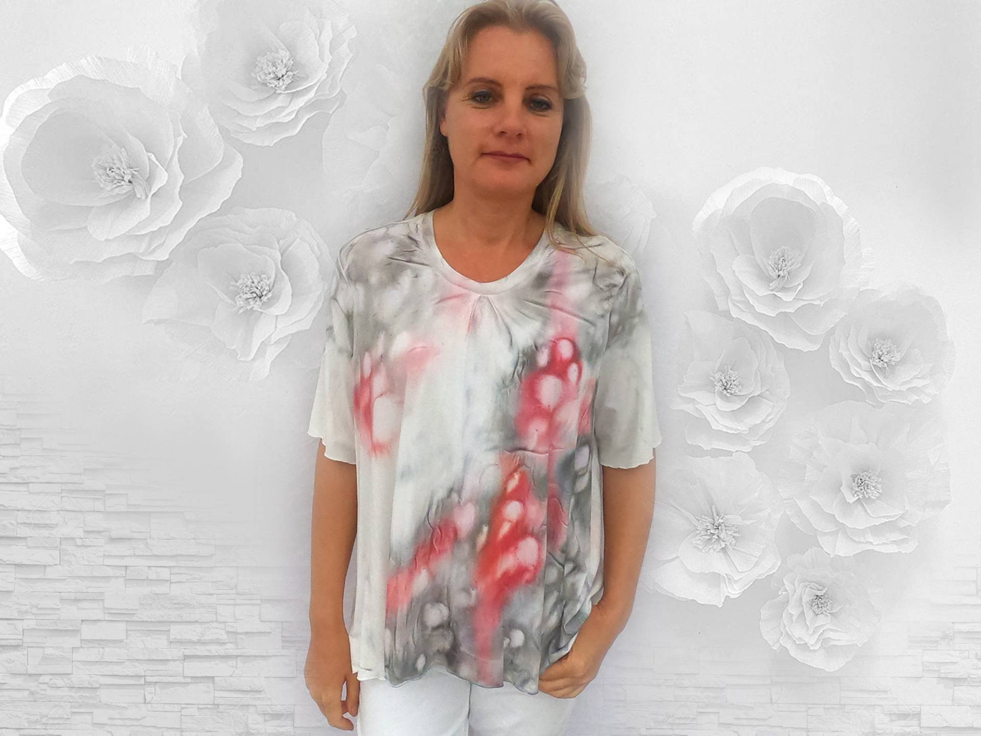 Baumwoll-Tunika Shirt Extra Groß L-xl in Grau-Rot & Stahl-Grau A-Form - Handgefertigtes Unikat von DavidovStoffDesign