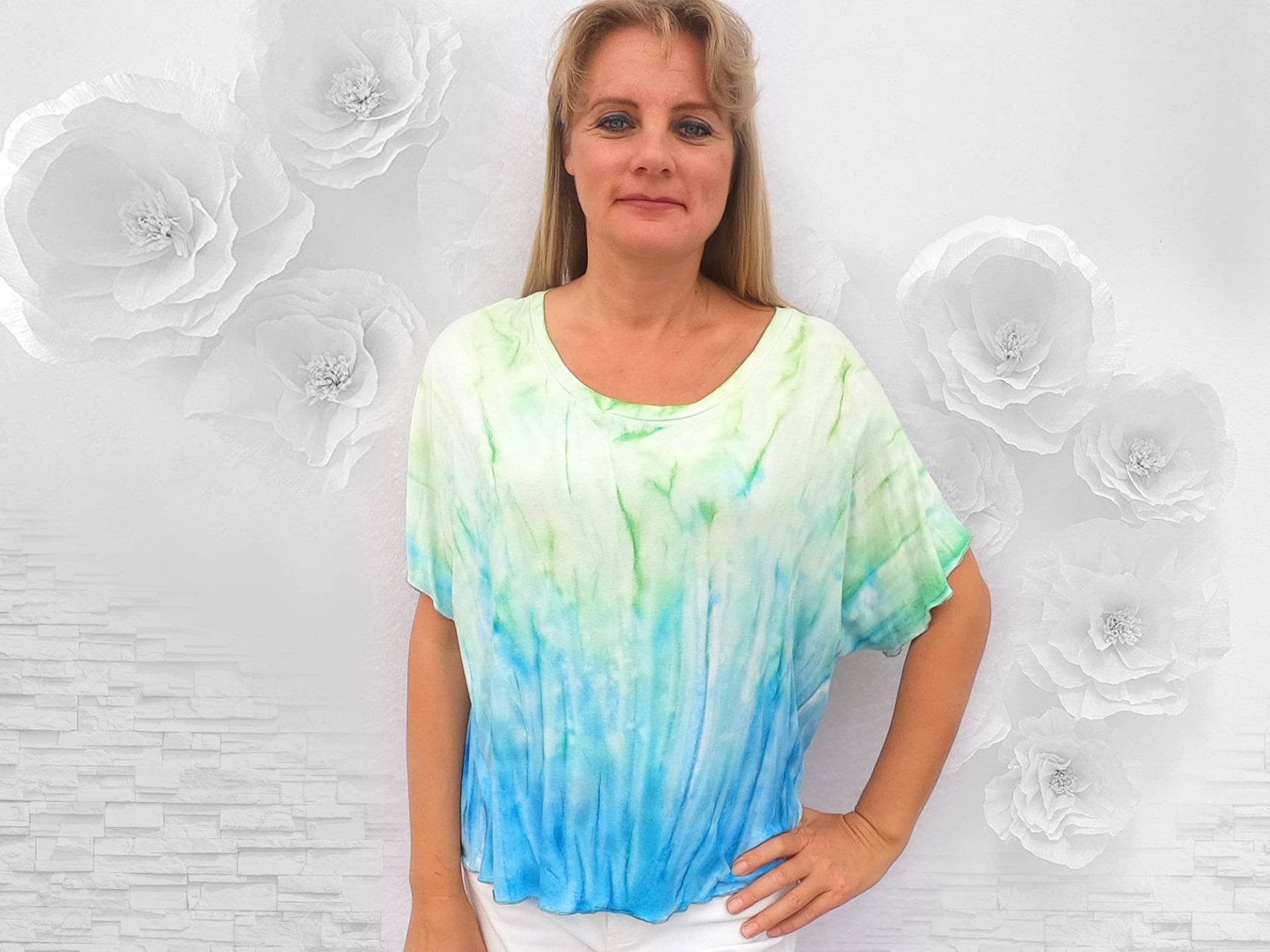 Extra Big Tunika Shirt in Mint-Grün & Sky-Blue, Lemon-Green A-Form - Handgefertigtes Unikat von DavidovStoffDesign