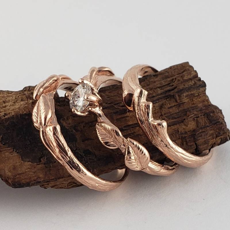 Blatt Und Zweig Moissanit Braut Set 14K Rose Gold Verlobungsring von DawnVertreesJewelry