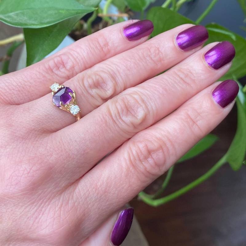 Verlobungsring - Moissanit & Amethyst Geburtsstein Ehering, Natur Inspirierter Gelbgoldschmuck, Ring Des Tages von DawnVertreesJewelry
