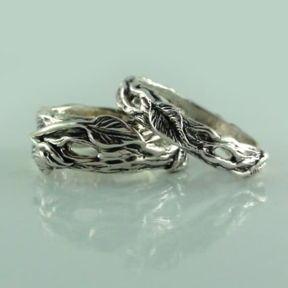 Zweig Und Blatt Wedding Band Set Skulpturierte Sterling Silber Ringe von DawnVertreesJewelry