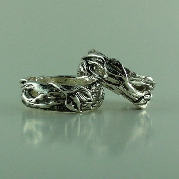 Hand Modelliert Sterling Silber Zweig Und Blatt Ehering Set von DawnVertreesJewelry
