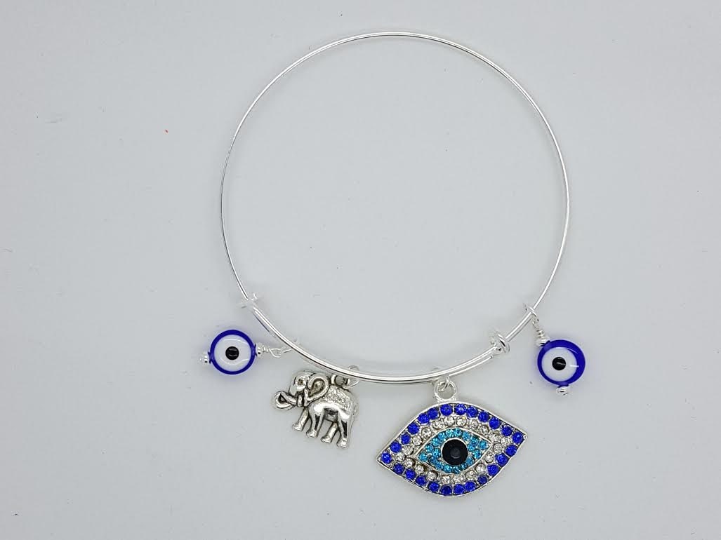 Evil Eye Silber Damen Armreif, Böses Auge Blau Armband, Und Elefant Strass Armreif von DawnbJewelry