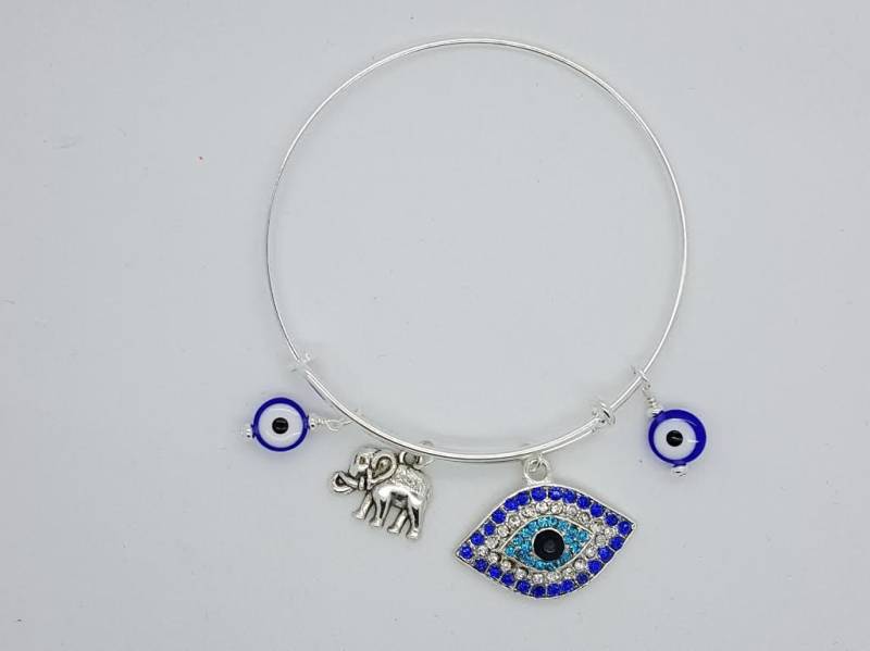 Evil Eye Silber Damen Armreif, Böses Auge Blau Armband, Und Elefant Strass Armreif von DawnbJewelry