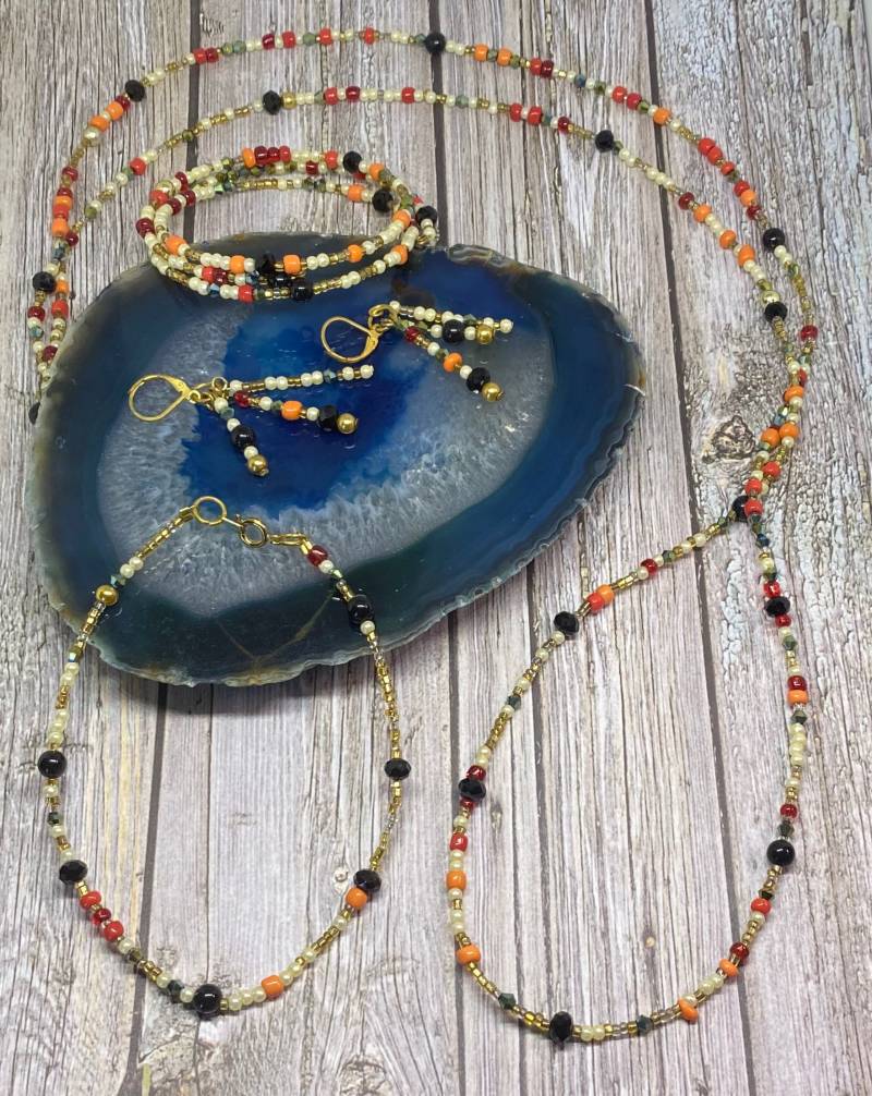 5-Teiliges Passendes Schmuckset Mit Passender Herbstfarbe, Bestehend Aus Halskette, Armband, Ohrringen Und Fußkettchen von DawnsBeadsDesigns