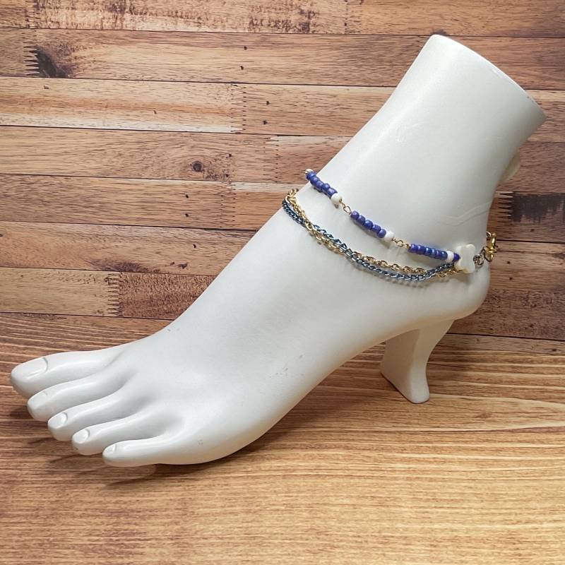 Handgefertigte Perlen Schmetterling Fußkette Multi-Layered Blau & Gold Kette von DawnsBeadsDesigns