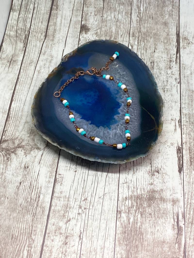 Türkis Perlen Fußkettchen Handgemachter Kupfer Schmuck von DawnsBeadsDesigns