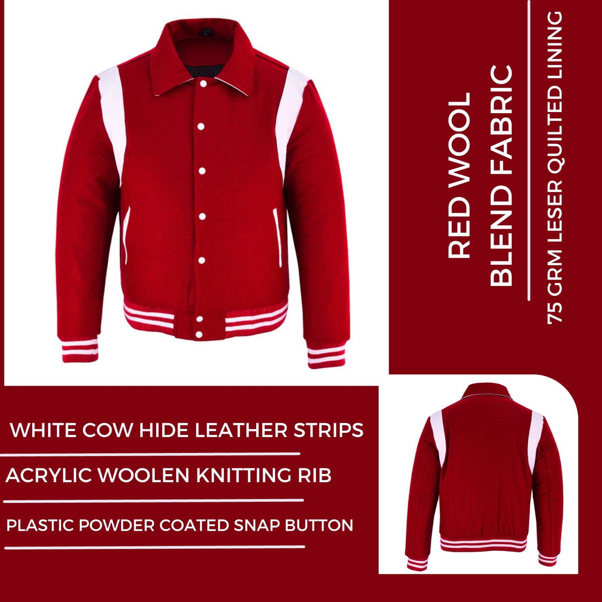 Varsity Baseball College Lettermen Retro Bomber Rote Wolle & Weiße Lederstreifen Jacke Mit Schwarz/Weiß Besatz von Dawoodimpex
