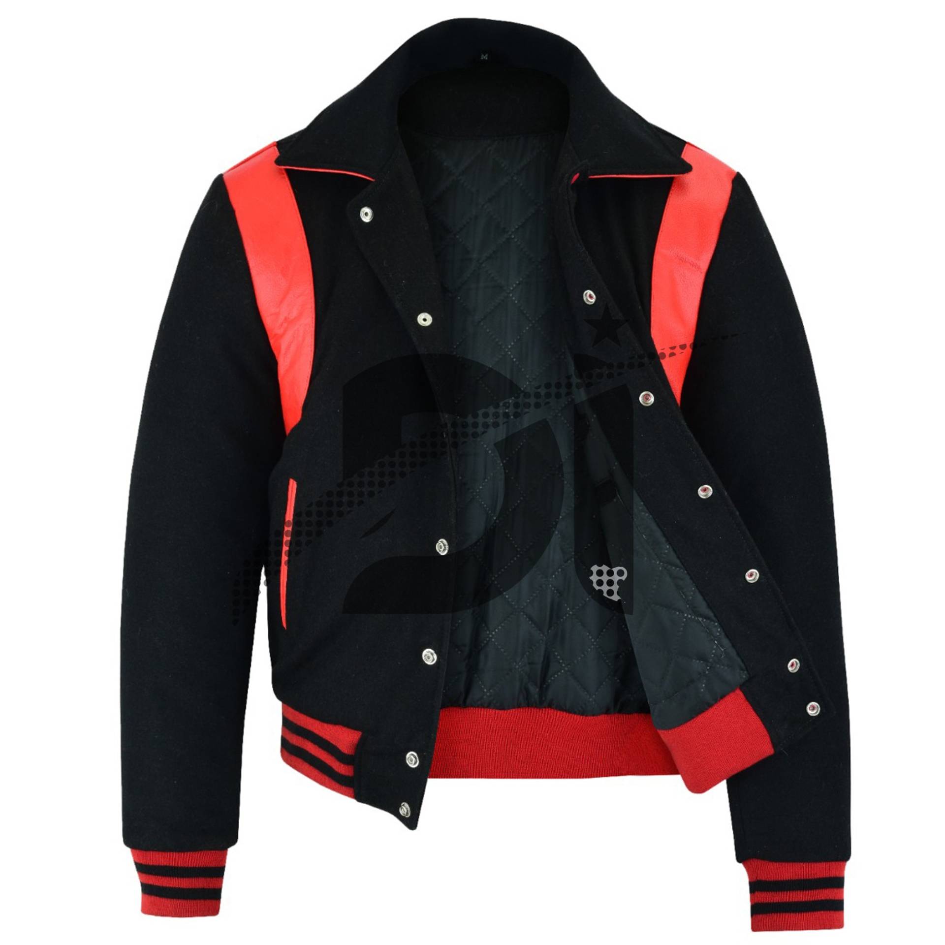 Varsity Baseball College Lettermen Retro Bomber Schwarze Wolle & Rote Lederstreifen Jacke Mit Rot/Schwarz Besatz von Dawoodimpex