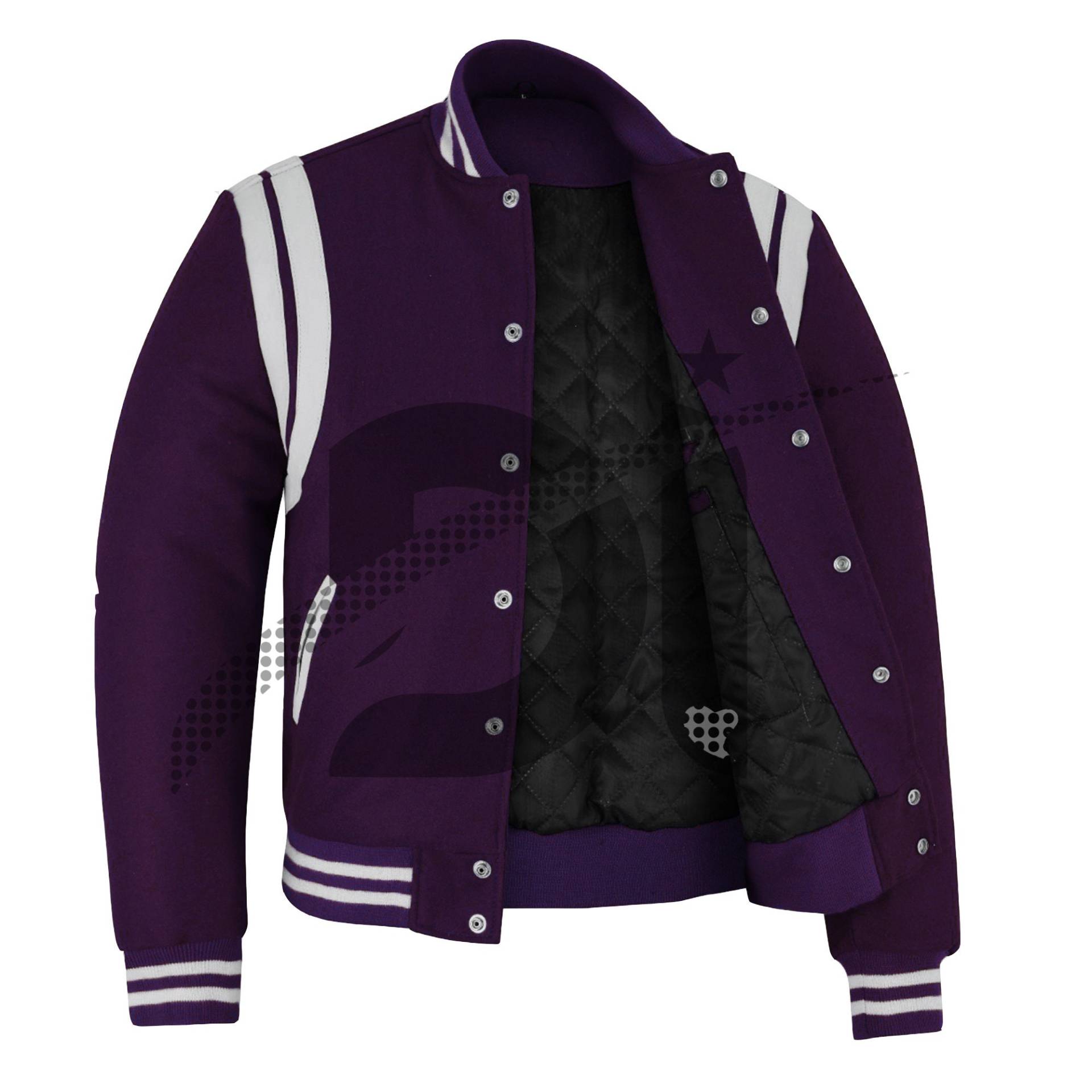 Varsity Baseball College Lettermen Retro Vintage Bomber Lila Wolle & Weiße Lederstreifen Stilvolle Jacke von Dawoodimpex