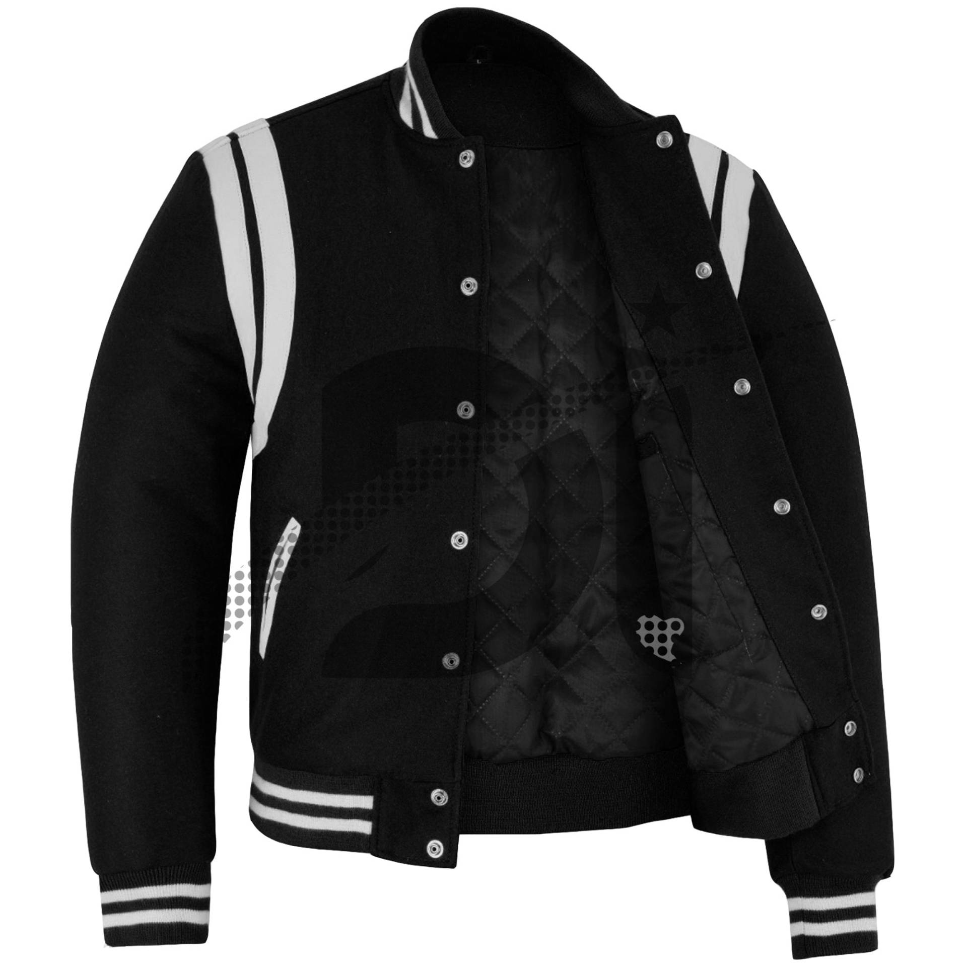 Varsity Baseball College Lettermen Retro Vintage Bomber Schwarze Wolle & Weiße Lederstreifen Stilvolle Jacke von Dawoodimpex