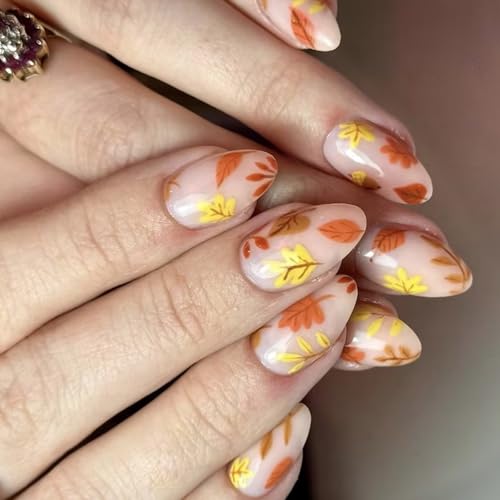 24 Stück Mandel Flalse Nägel Mit Ahornblättern Akzenten Für Frauen Thanksgiving Nageldekoration Halloween Press On Nails von Dawutocap