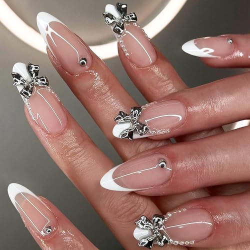 24 Stück Nägel Zum Aufdrücken Französische Spitze Metallschleifen Mandel Acryl Kunstnägel Zum Aufkleben Für Frauen Und Mädchen von Dawutocap