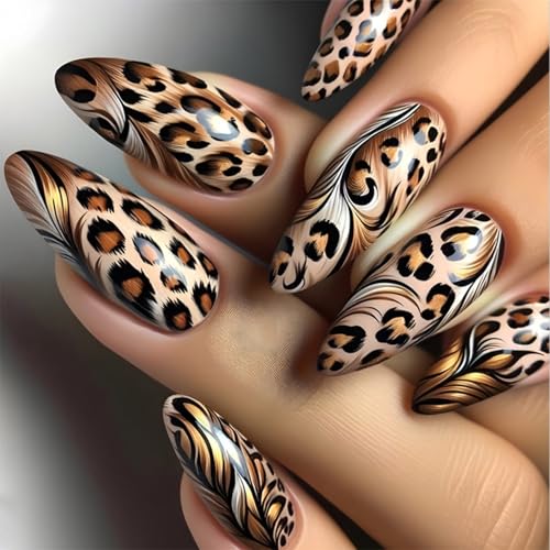 24pcs Mandel Leoparden Acryl Falsche Nägel Glänzend Auf Nägeln Maniküre Nägel Deocors Für Modische Frauen Hochzeitsnagel von Dawutocap