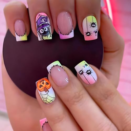 24pcs Square French Tipps Gefälschte Nägel Acrylspinnen Bleiben Für Frauen Halloween Press Auf Geschenken Quadratischer Falsch Nagel von Dawutocap