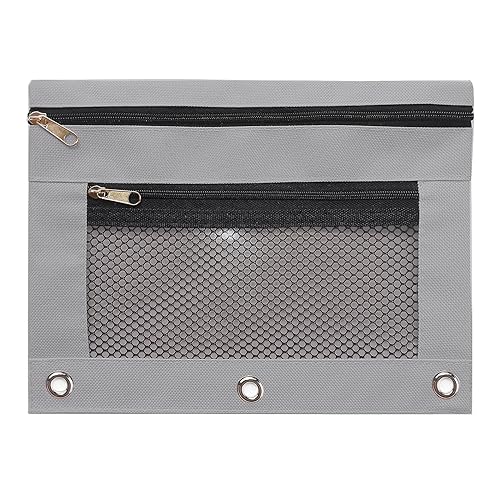Dawutocap Federmäppchen mit 3 Ringen, Doppeltaschen, 3 Ringe mit transparentem Fenster, 2 Stück, Netz-Stifttasche, Reißverschluss, transparente Etui-Marker, grau von Dawutocap