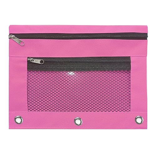 Dawutocap Federmäppchen mit 3 Ringen, Doppeltaschen, 3 Ringe mit transparentem Fenster, 2 Stück, Netz-Stifttasche, Reißverschluss, transparente Etui-Marker, rosarot von Dawutocap
