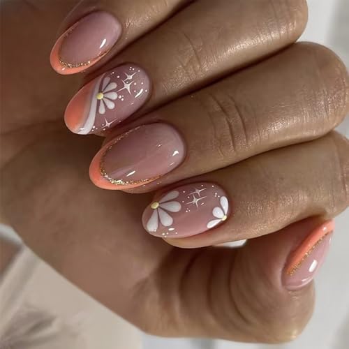 Set Zum Aufkleben Auf Den Nägeln 24-teilig Mandelförmig Mit Französischer Spitze Zum Aufdrücken Der Nägel Mit Blumenmustern Künstliche Nägel Schnelle Anwendung Für Frauen von Dawutocap