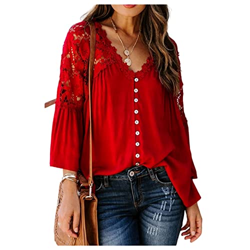 Damen -Chiffon -Shirt, Casual Knopf Spitze Plus Größe Langarm T -Shirt für Herbst Feder von Dawwoti