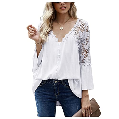 Damen -Chiffon -Shirt, Casual Knopf Spitze Plus Größe Langarm T -Shirt für Herbst Feder von Dawwoti