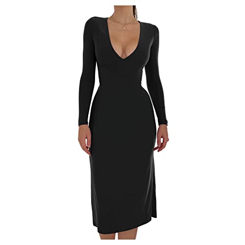 Damen Langarm Spinte Tiefe V-Hals-Kleider Schlanker Fit Solide Elegante Bodycon-Kleid von Dawwoti