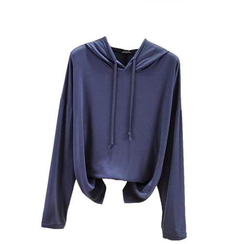 Damen Modal Hoodies Einfarbig Kordzug Hoodies Übergroße Pullover Sweatshirts Langarm Tunnelzug Sunshirt (DE/NL/SE/PL, Alphanumerisch, L, Regular, Regular, Dunkelblau) von Dawwoti