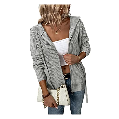 Dawwoti Damen Einfarbig Pullover Strickjacken Langarm Kapuze Gestrickt Tops Reißverschluss Cardigan Geschnitt Mantel von Dawwoti